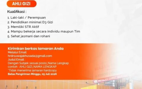 RSU Wajah Husada Membuka Lowongan Ahli Gizi – Juni/Juli 2026